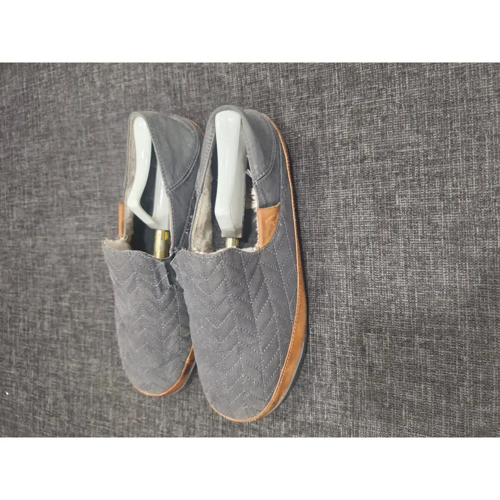 OluKai Hanohano Mens 10 Slippers Waxed Canvas Grey Wool Shearling Slip On 10527